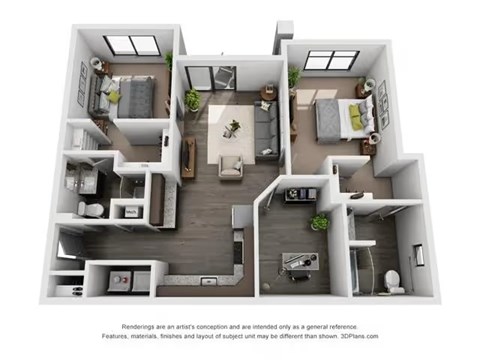 Floor plan for 2 beds, 2 baths, 1016 sqft